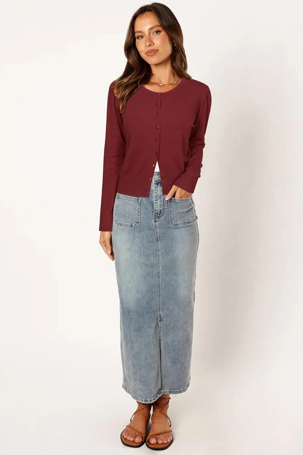 Newshows Women's Lightweight Button Down Cardigan Long Sleeve Casual Crew Neck Soft Knit Cardigans Sweater Tops