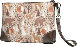 Small Clutch Purses for Women - Woodland Animals In Neutral Tones Leather Wristlet Wallets for Women with Wrist Strap