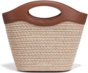 Small Woven Straw Bucket Tote Bag with Removable Straps and Drawstring Pocket,3-Way Crossbody Shoulder or Clutch Purse for Beach, Daily Use