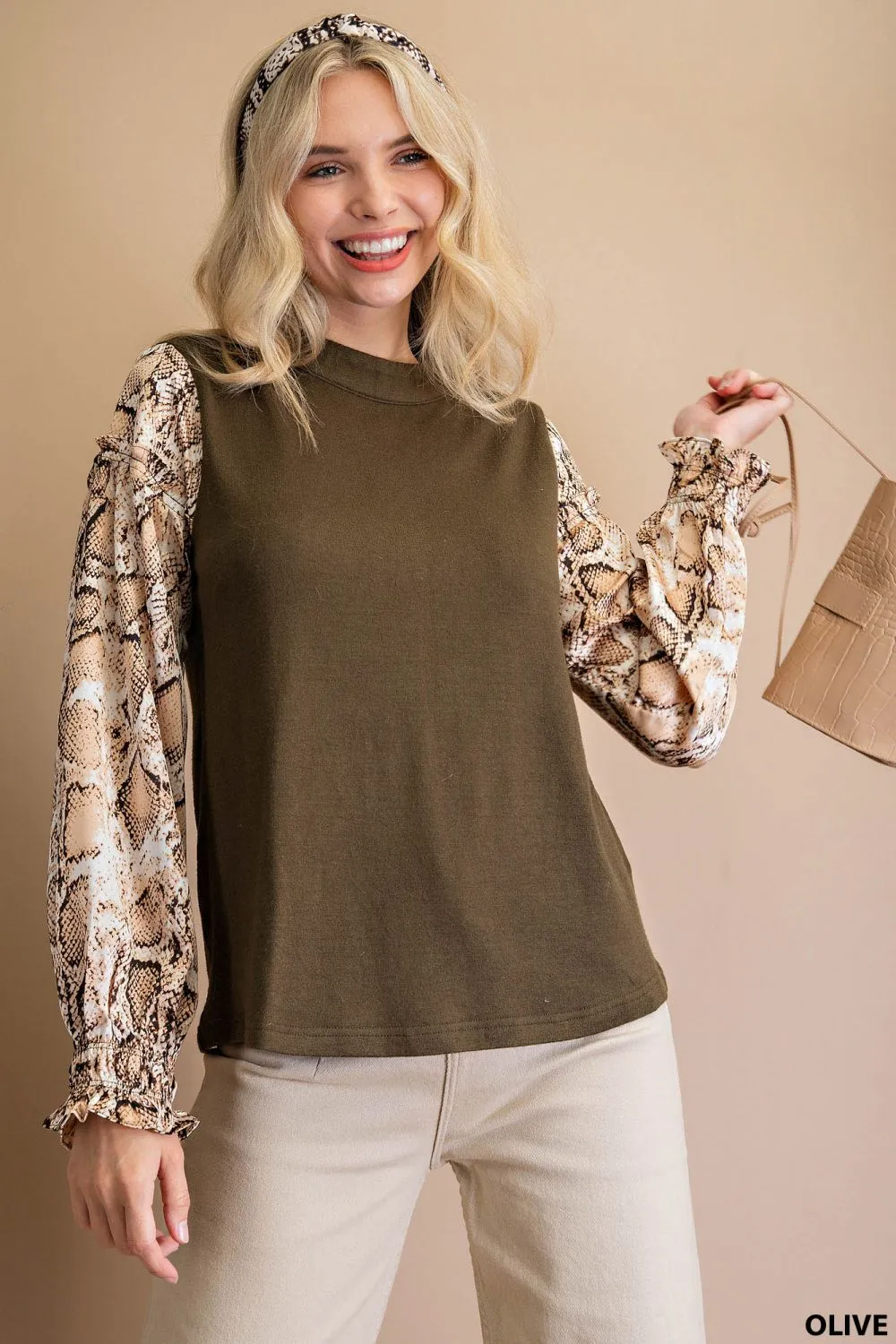SOFT KNIT RELAX MOCK NECK SMOCKED SNAKE PRINTED LS BLOUSE