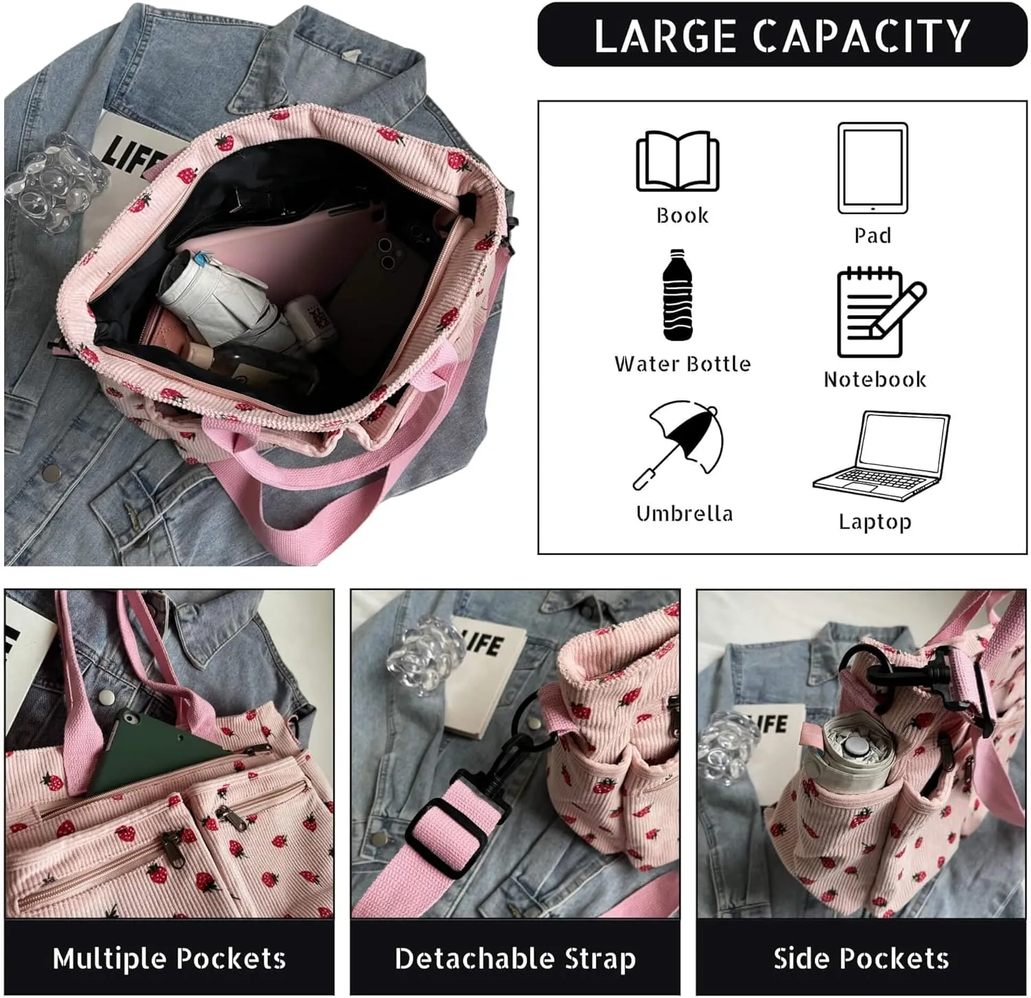 Strawberry Print Corduroy Tote Bag, Hobo Shoulder Bag for Women, Multi-Compartment Cute Crossbody Purse