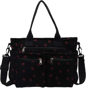 Strawberry Print Corduroy Tote Bag, Hobo Shoulder Bag for Women, Multi-Compartment Cute Crossbody Purse