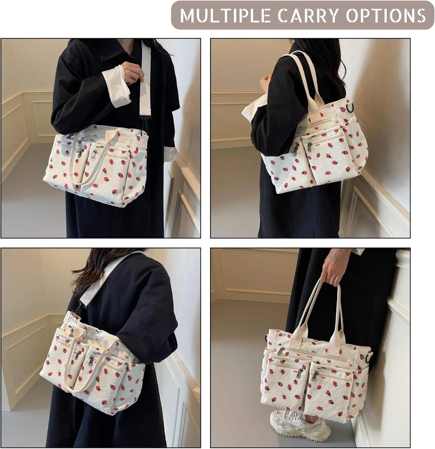 Strawberry Print Corduroy Tote Bag, Hobo Shoulder Bag for Women, Multi-Compartment Cute Crossbody Purse