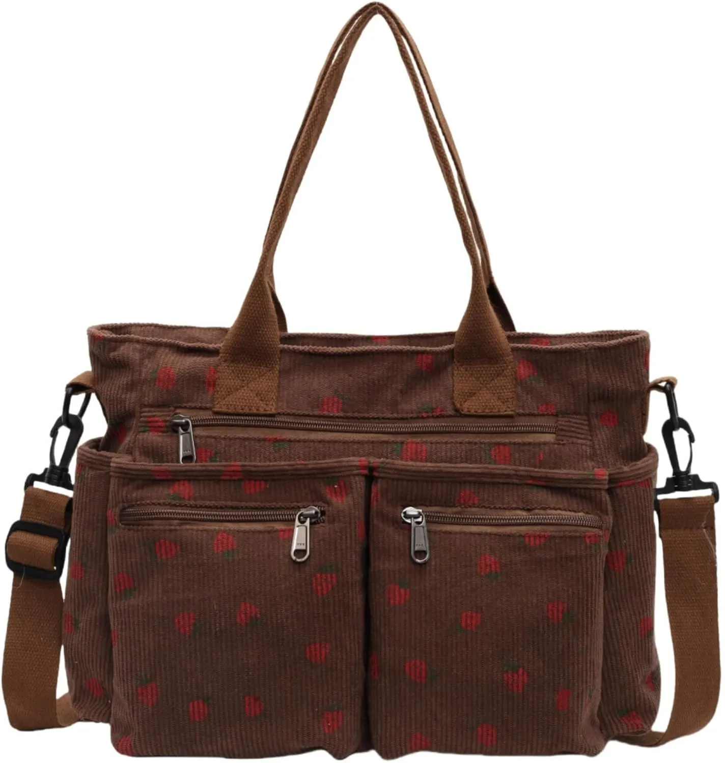 Strawberry Print Corduroy Tote Bag, Hobo Shoulder Bag for Women, Multi-Compartment Cute Crossbody Purse