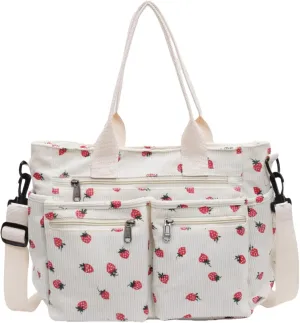 Strawberry Print Corduroy Tote Bag, Hobo Shoulder Bag for Women, Multi-Compartment Cute Crossbody Purse