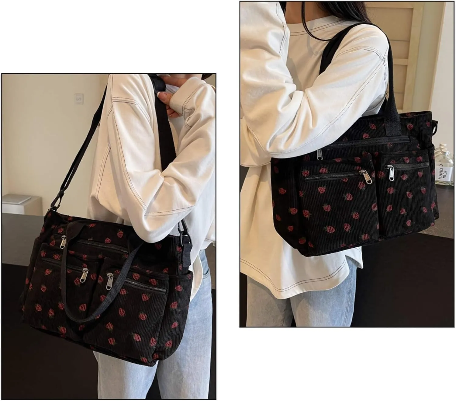 Strawberry Print Corduroy Tote Bag, Hobo Shoulder Bag for Women, Multi-Compartment Cute Crossbody Purse