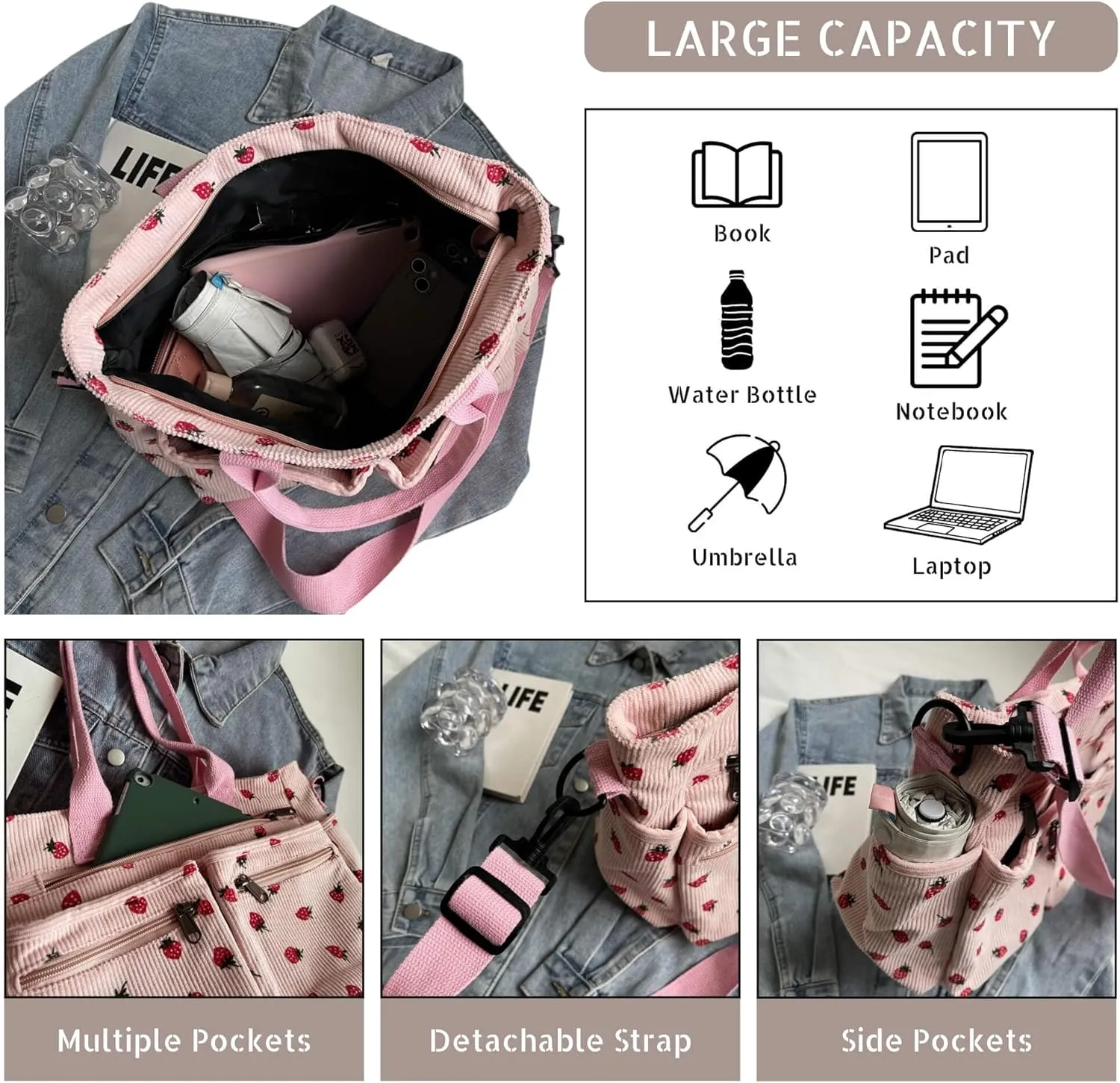 Strawberry Print Corduroy Tote Bag, Hobo Shoulder Bag for Women, Multi-Compartment Cute Crossbody Purse