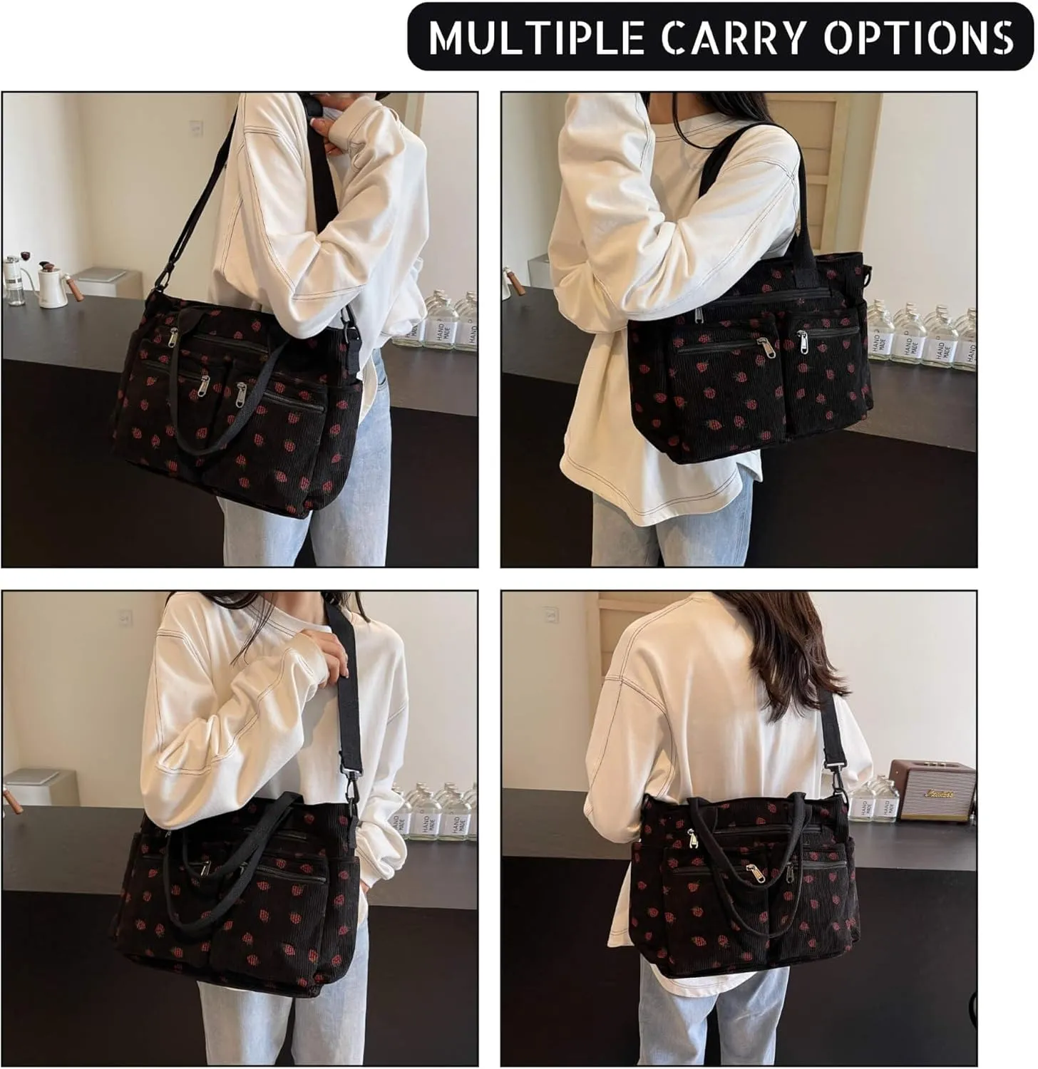 Strawberry Print Corduroy Tote Bag, Hobo Shoulder Bag for Women, Multi-Compartment Cute Crossbody Purse