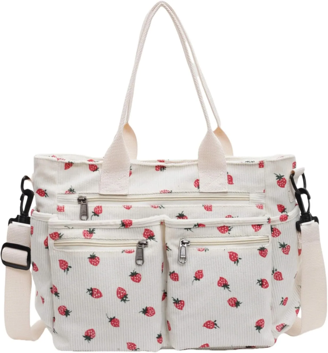Strawberry Print Corduroy Tote Bag, Hobo Shoulder Bag for Women, Multi-Compartment Cute Crossbody Purse
