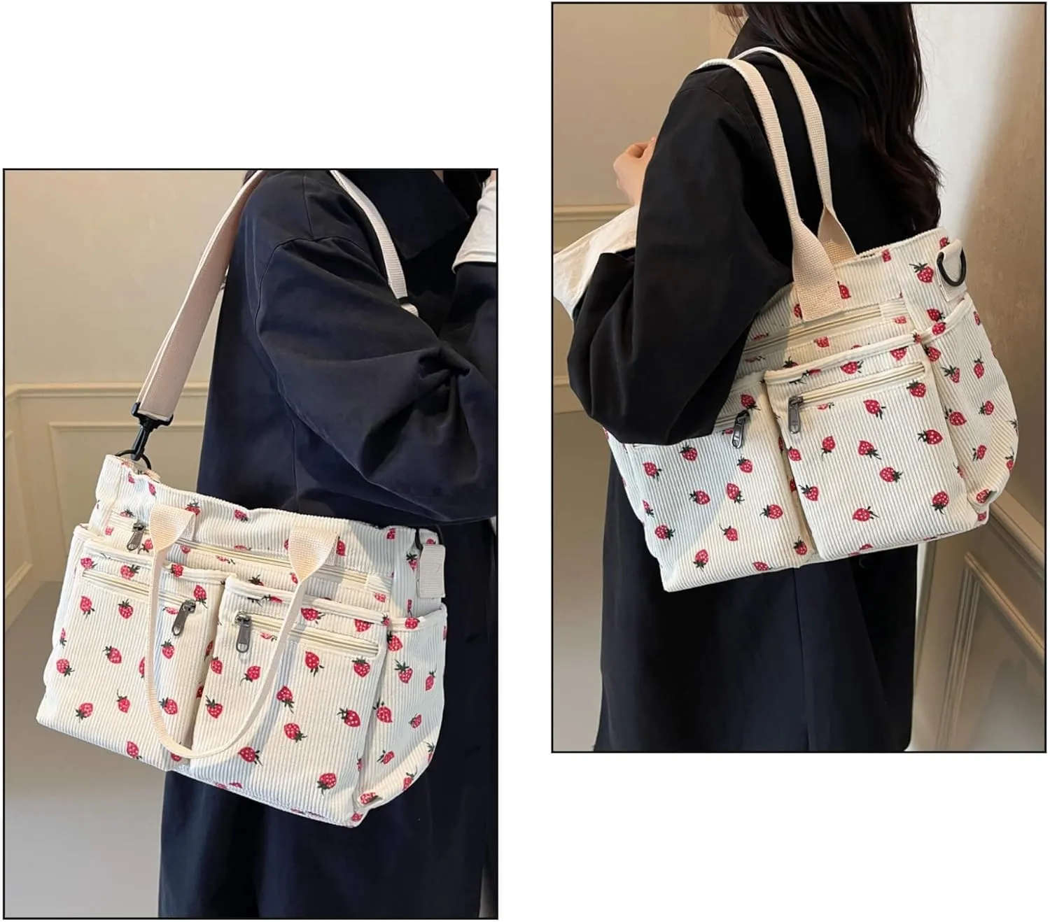Strawberry Print Corduroy Tote Bag, Hobo Shoulder Bag for Women, Multi-Compartment Cute Crossbody Purse