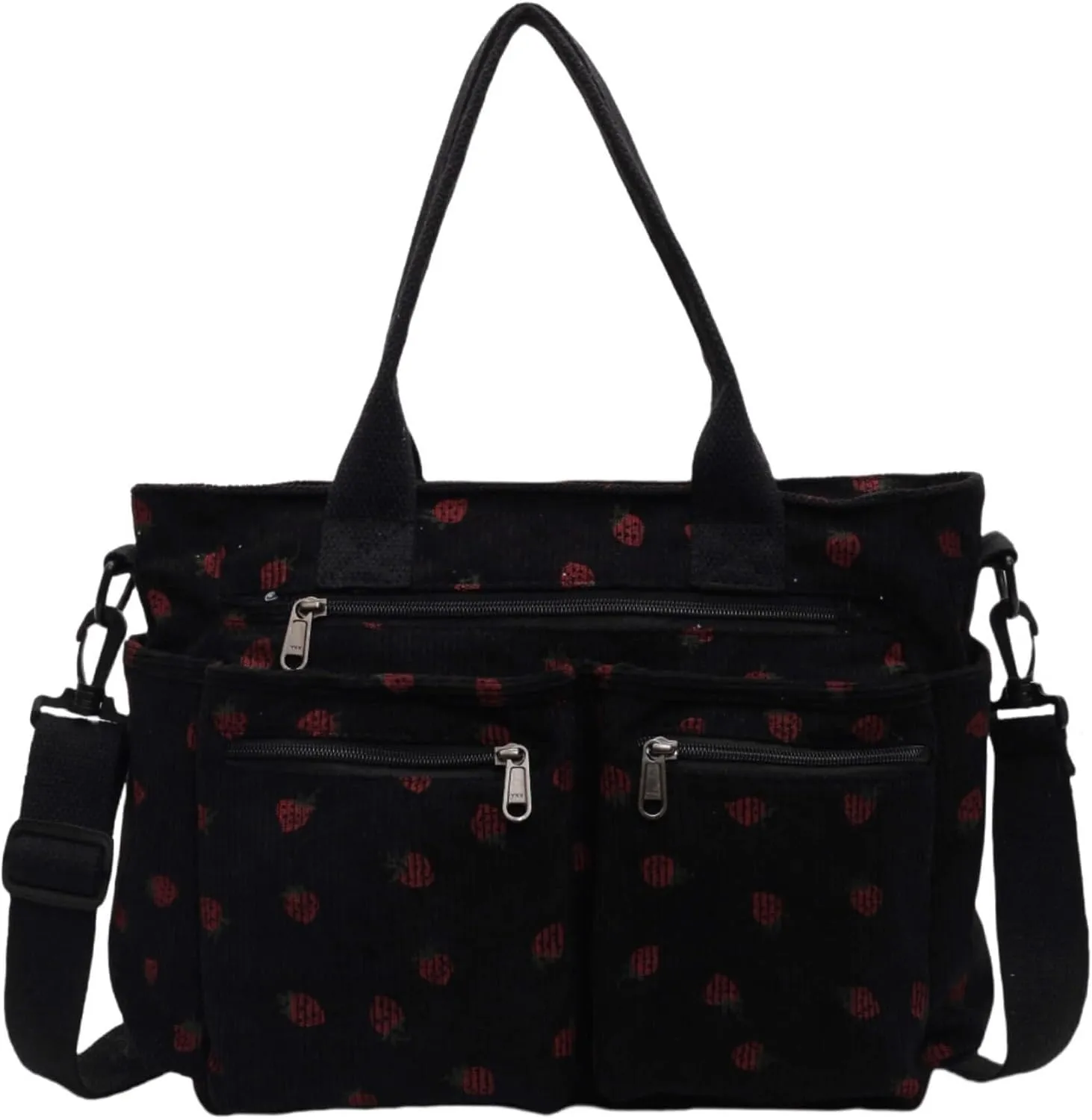 Strawberry Print Corduroy Tote Bag, Hobo Shoulder Bag for Women, Multi-Compartment Cute Crossbody Purse