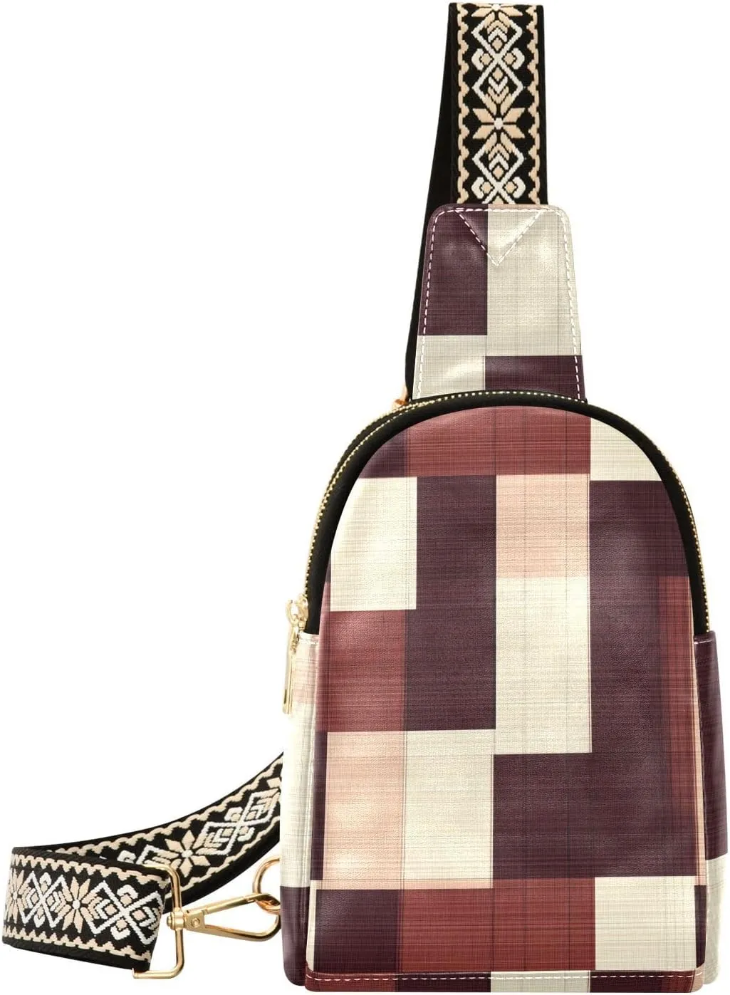 trendy Squares Burgundy Neutral Plaids hiking fanny pack leather small sling bag for hiking