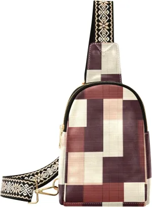trendy Squares Burgundy Neutral Plaids hiking fanny pack leather small sling bag for hiking