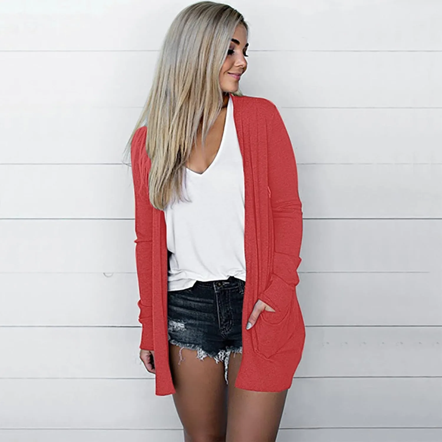 Womens Casual Lightweight Long Sleeve Cardigan Soft Drape Open Front Fall Dusters Sweaters Outwear Coat with Pockets