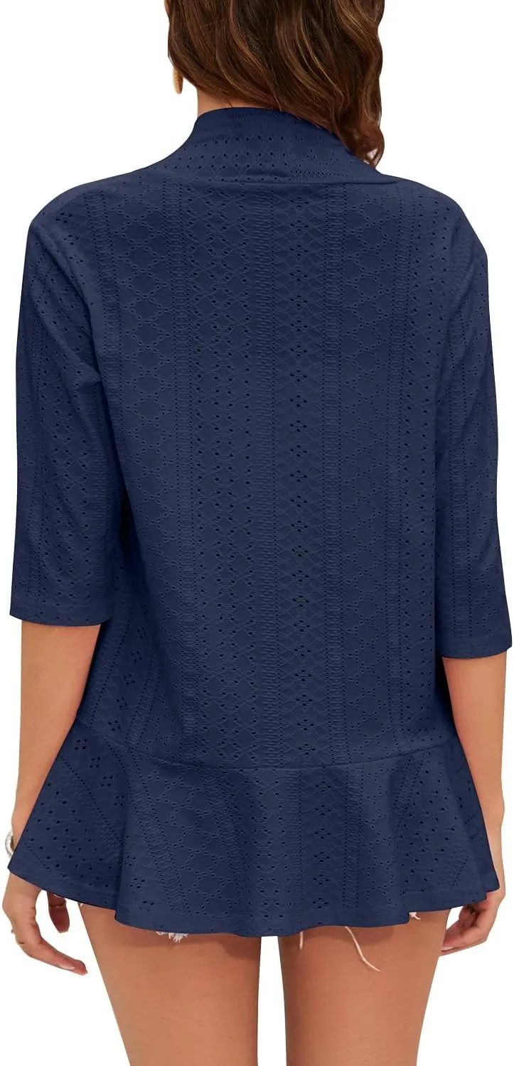 Women's Casual Lightweight Open Front Cardigans Ruffles 3/4 Sleeve Cardigan Soft Draped Cover Up