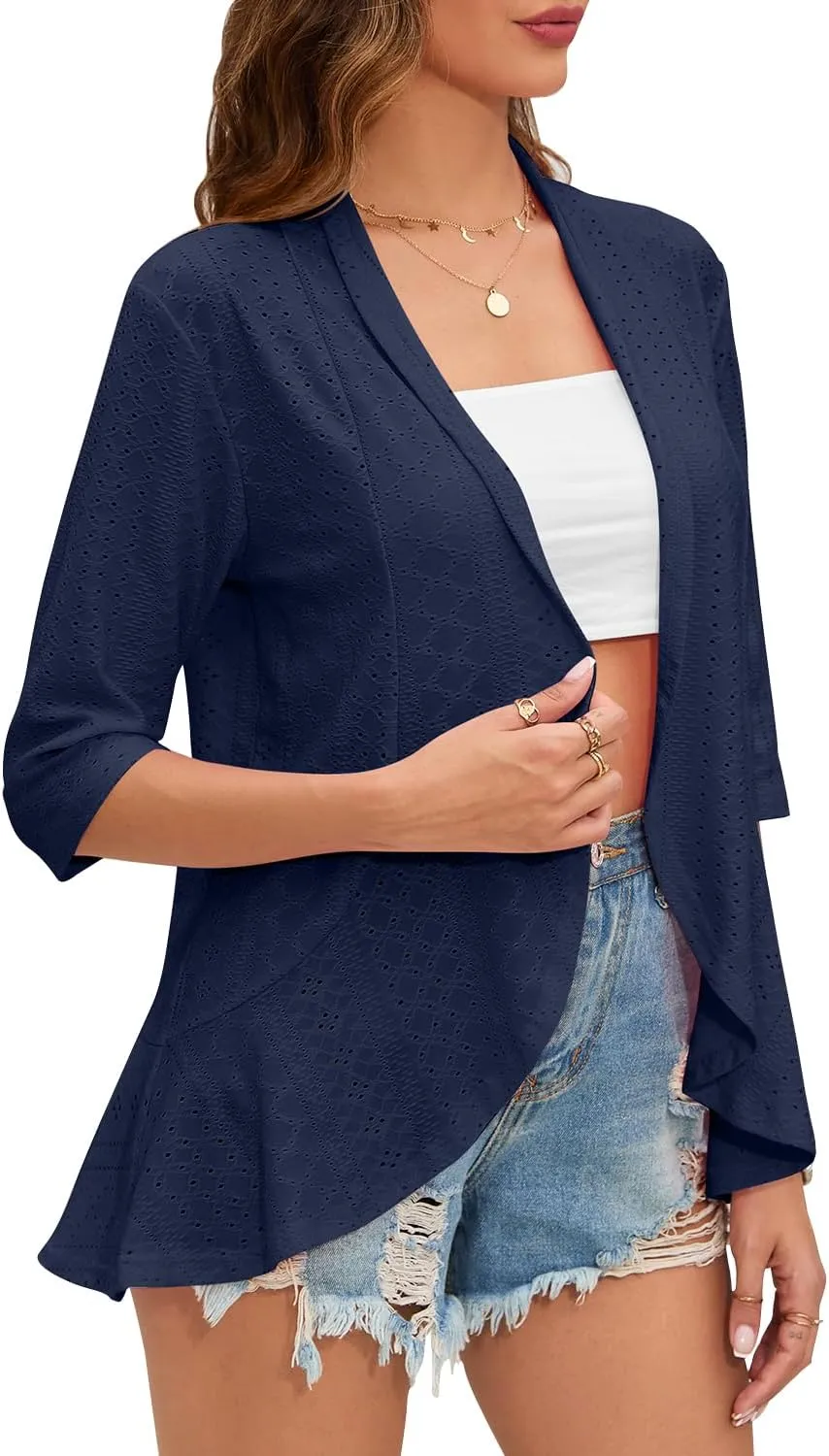 Women's Casual Lightweight Open Front Cardigans Ruffles 3/4 Sleeve Cardigan Soft Draped Cover Up
