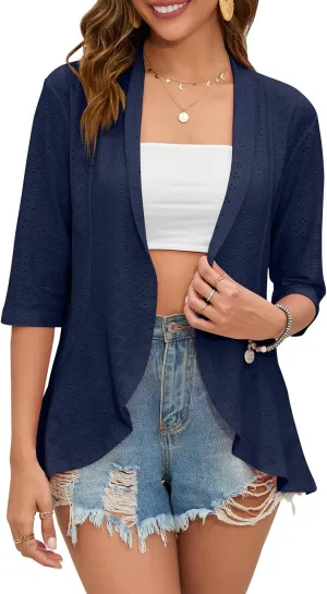 Women's Casual Lightweight Open Front Cardigans Ruffles 3/4 Sleeve Cardigan Soft Draped Cover Up