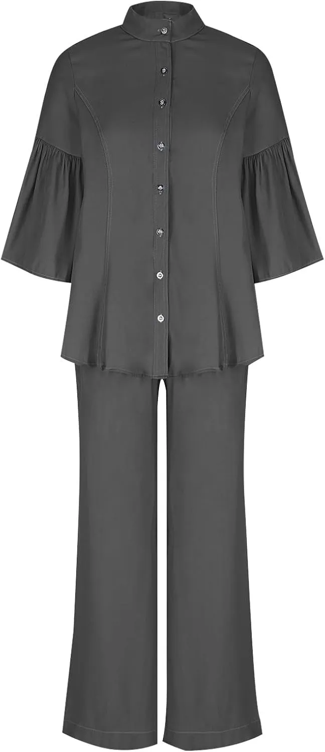 Women's Denim Blazer 2 Piece Outfits Flared Sleeve Button Down Blazers and Straight Long Pants Suit Set Clubwear
