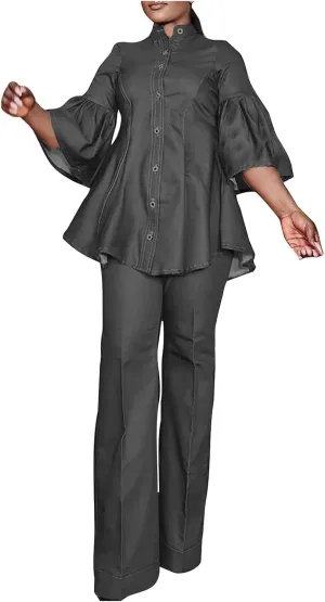 Women's Denim Blazer 2 Piece Outfits Flared Sleeve Button Down Blazers and Straight Long Pants Suit Set Clubwear