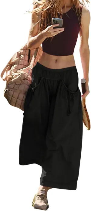 Women's Loose Wide Leg Track Pants Step by Step Pants Summer Wide Leg Lounge Casual Pant with Big Ruched Pockets