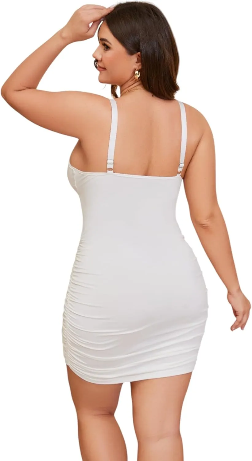 Womens Plus Size Sexy Ruched Bodycon Dress Sleeveless Square Neck Club Party Dresses
