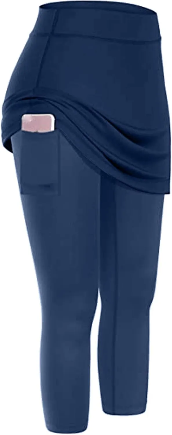 Womens Skirted with Pocket Solid 2024 Yoga Leggings for Women High Waist Pants with Skirt Attached Casual Golf