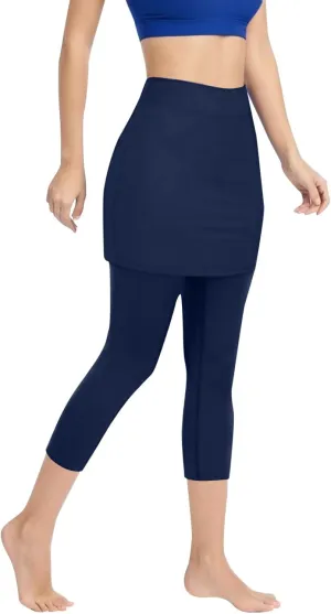 Womens Skirted with Pocket Solid 2024 Yoga Leggings for Women High Waist Pants with Skirt Attached Casual Golf