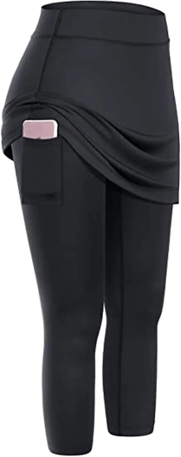 Womens Skirted with Pocket Solid 2024 Yoga Leggings for Women High Waist Pants with Skirt Attached Casual Golf