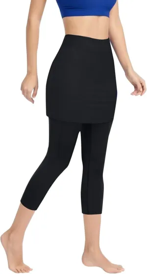 Womens Skirted with Pocket Solid 2024 Yoga Leggings for Women High Waist Pants with Skirt Attached Casual Golf