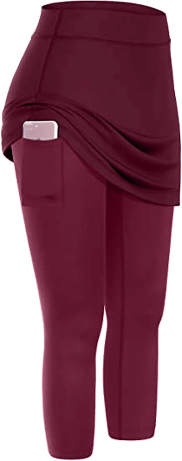 Womens Skirted with Pocket Solid 2024 Yoga Leggings for Women High Waist Pants with Skirt Attached Casual Golf