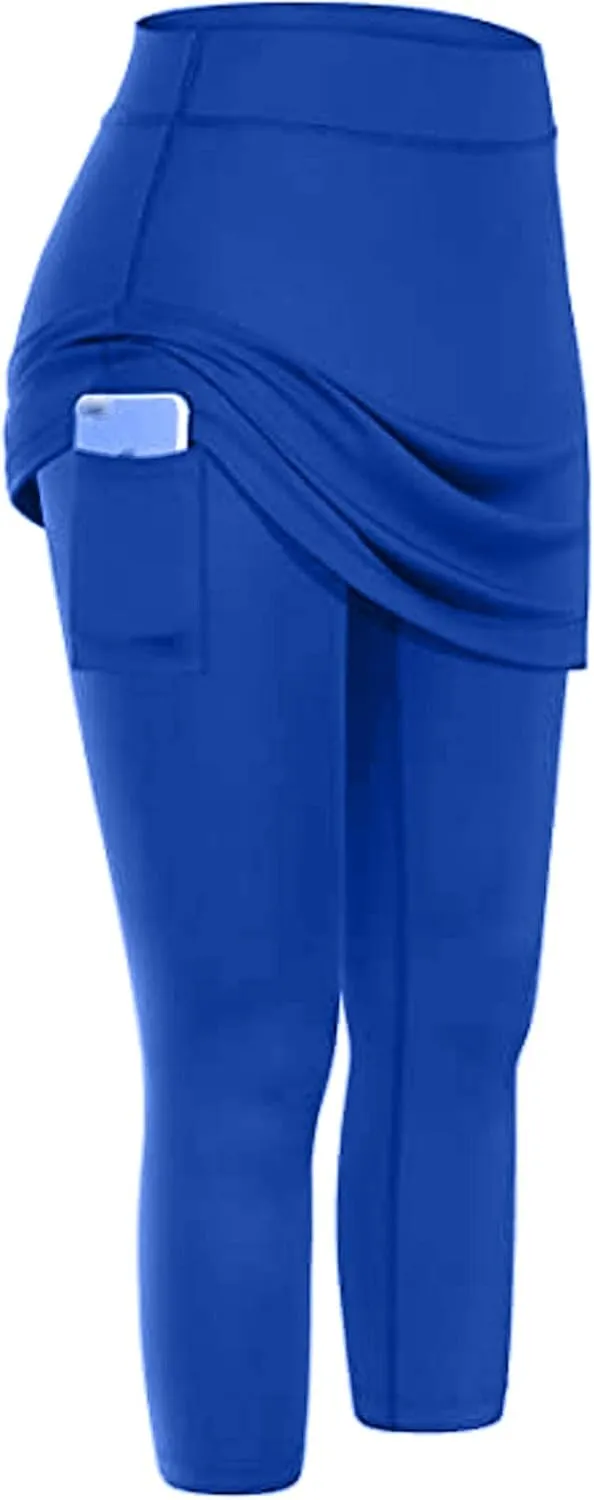Womens Skirted with Pocket Solid 2024 Yoga Leggings for Women High Waist Pants with Skirt Attached Casual Golf