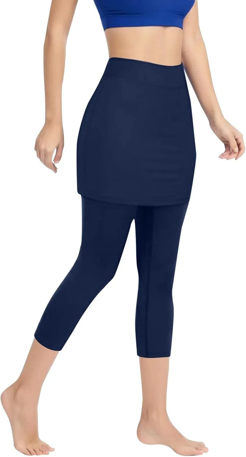 Womens Skirted with Pocket Solid 2024 Yoga Leggings for Women High Waist Pants with Skirt Attached Casual Golf