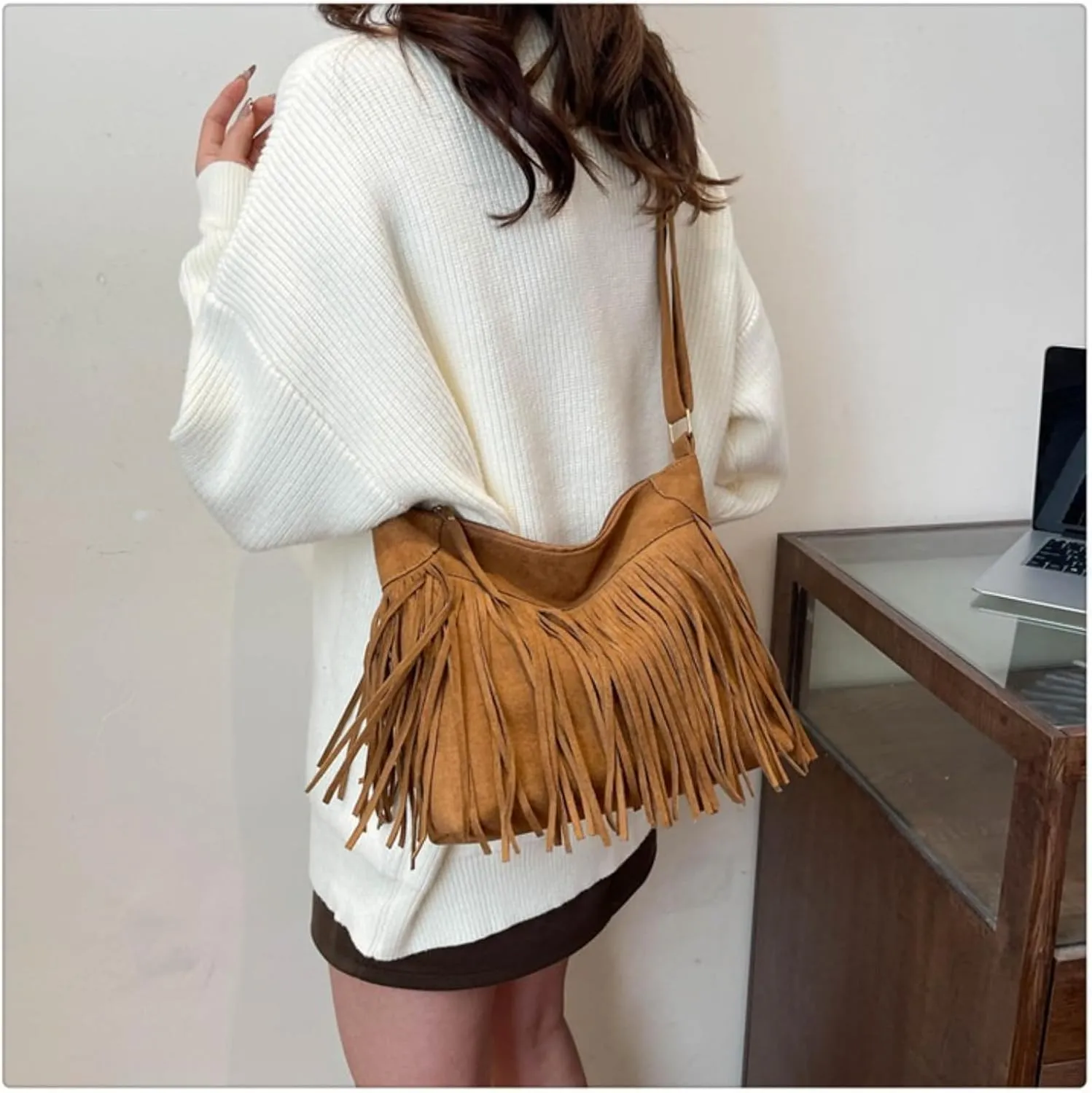 Women's Vegan Deerskin Tassel Crossbody Bag - Bohemian shoulder bag with detachable shoulder strap, festival hippie tote
