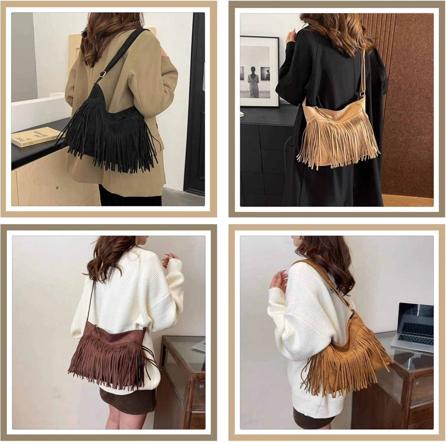 Women's Vegan Deerskin Tassel Crossbody Bag - Bohemian shoulder bag with detachable shoulder strap, festival hippie tote