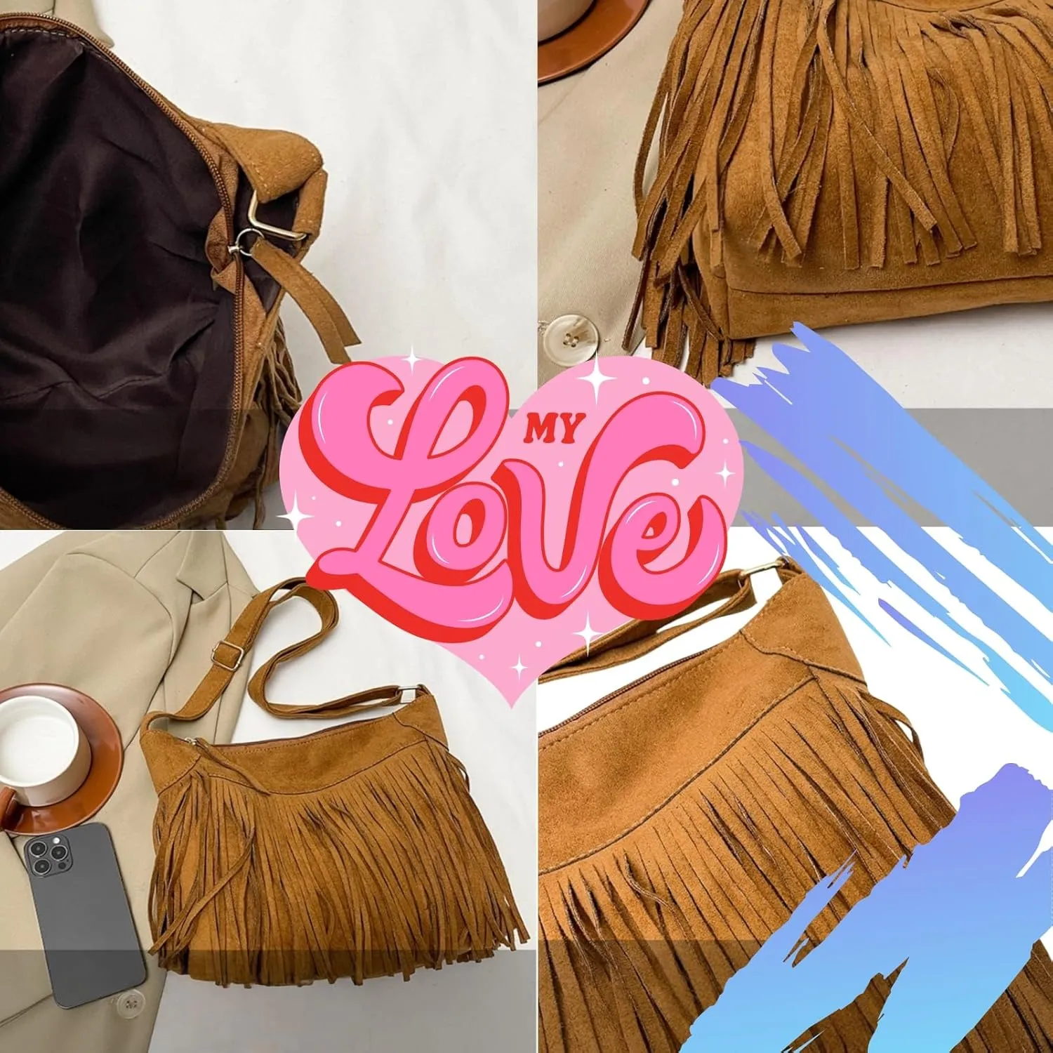 Women's Vegan Deerskin Tassel Crossbody Bag - Bohemian shoulder bag with detachable shoulder strap, festival hippie tote