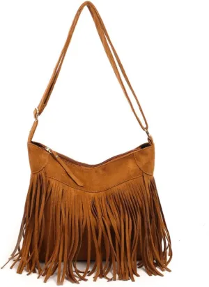 Women's Vegan Deerskin Tassel Crossbody Bag - Bohemian shoulder bag with detachable shoulder strap, festival hippie tote