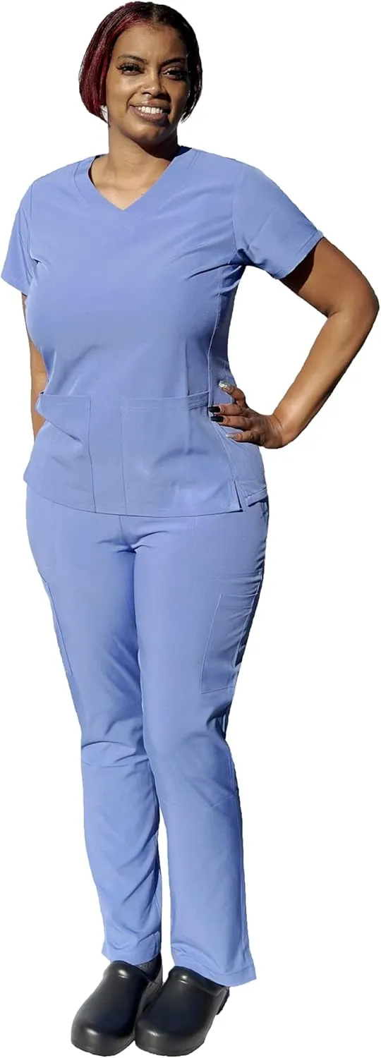 YOGAFLEX Soft & Stretchy Scrub Set for Women. Regular & PETITE. 2-Pocket Top and 5 Pocket Pants. Modern Fit.